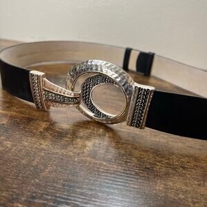 Chico's Genuine Leather Belt SMALL Womens Black Silver Concho Hook Fashion Boho
